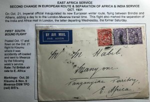 1931 York England First South Bound Flight Cover FFC To Tanganyika