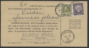1928 Bulk Mail Receipt #119 20c Admiral + #144 5c Laurier Virden MAN CDS