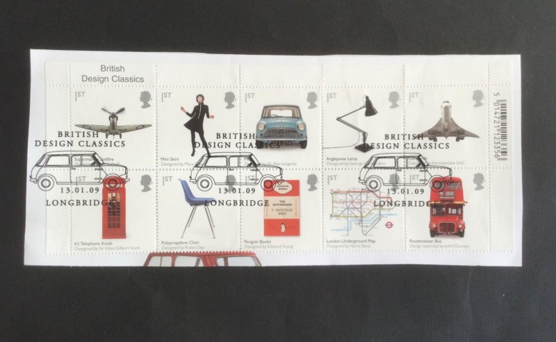 GB 2009.  British Design Classics.  Set of 10 used stamps.ex FDC on paper.