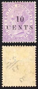 British Honduras SG28 10 cents on 4d mauve Wmk Crown CA M/M