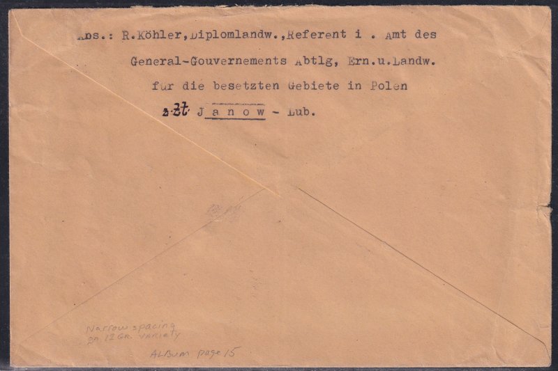 Poland 1940 Sc N34, N36, N38a 12gr Narrow Space Variety on Cover Stamp Used