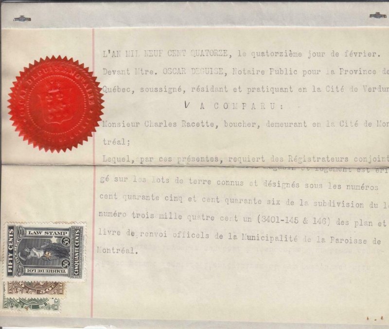 1914, Canada: Quebec Tax Stamp on Document (14702)