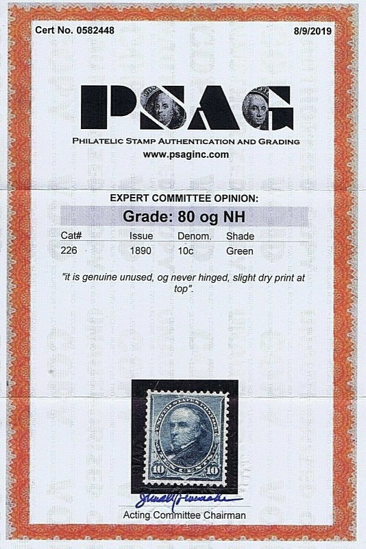 SC# 226 UNUSED ORIG GUM, MNH, 10 CENT WEBSTER, 1890, 2019 PSAG CERT GRADED VF