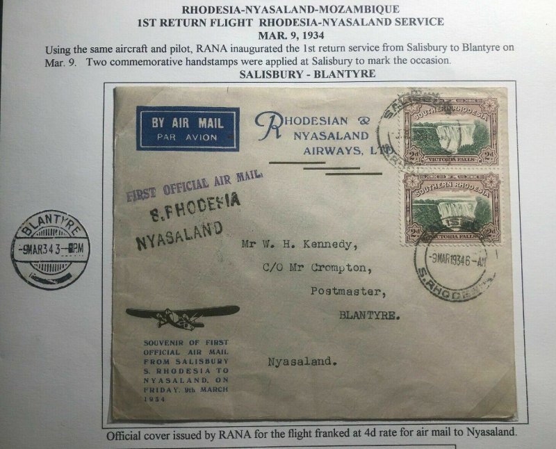 1934 Salisbury Rhodesia First Return Flight Airmail Cover To Blantyre Nyasaland