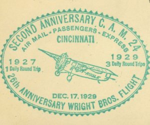 Cincinnati CAM24 Wright Bros Flight Anniversary 1929 Airmail Cover 5c Postage US