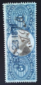 Scott #R127 - $5 Blue & Black - Used - 2nd Issue - 1871