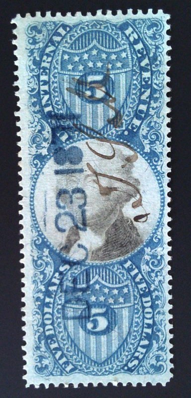 Scott #R127 - $5 Blue & Black - Used - 2nd Issue - 1871
