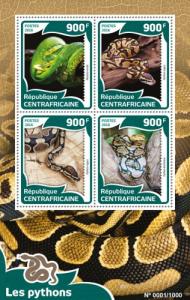 CENTRAFRICAINE 2016 SHEET PYTHONS SNAKES REPTILES