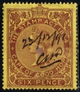 1885 Cape of Good Hope Revenue 6 Pence Queen Victoria Stamp Duty