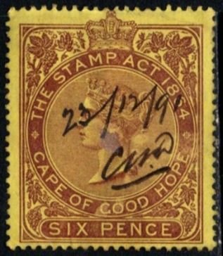 1885 Cape of Good Hope Revenue 6 Pence Queen Victoria Stamp Duty