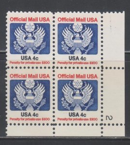 United States,  4c Official  (SC# O128) MNH PLT # BLOCK