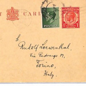 GB KGV Stationery Card KEVIII Uprated MIXED REIGNS 1937 London ITALY Turin YW87