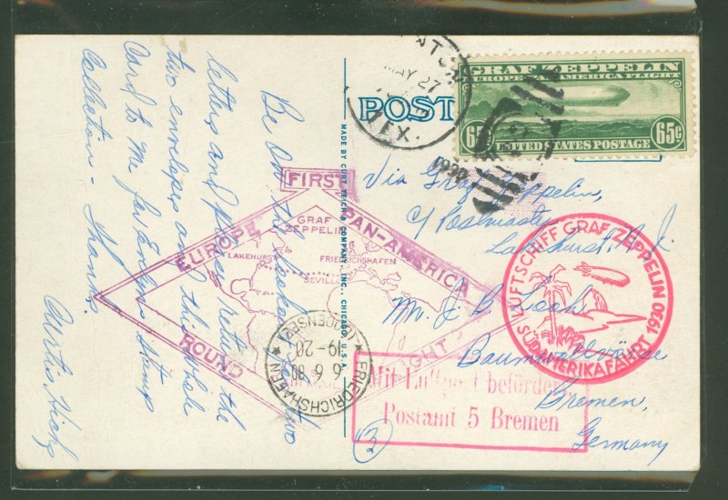 US C13 May-June 1930 a 65c green Graf Zeppelin stamp franked this card mailed from Denton Texas on May 27 for travel aboard the