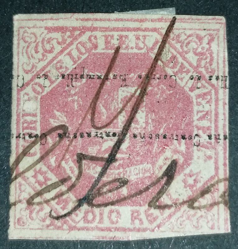 Venezuela 1/2 real 1873 inverted overprint error , pen canceled