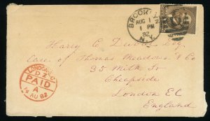 USA Brooklyn 1882 Cover to England London 5c Postage #205 James A. Garfield