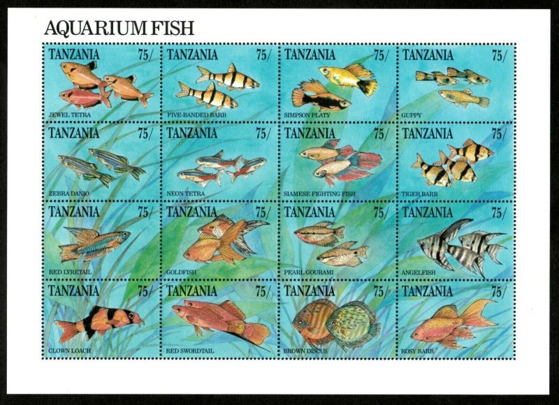 Tanzania 1991 - Aquarium Fish - Sheet of 16 stamps - Scott 770 - MNH