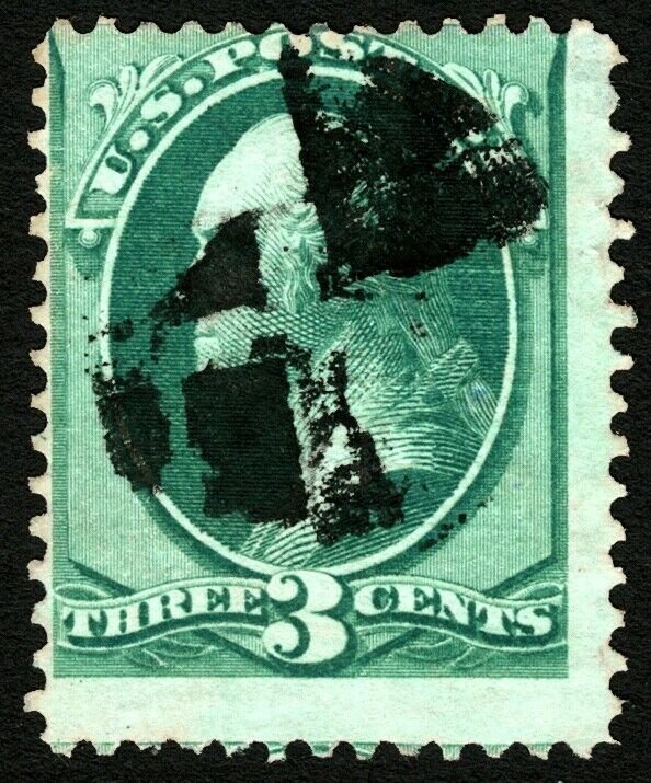 U.S. #136A 1870 3c Green I Grill 8.5mm x 10mm Used, Segmented Cork Cancel