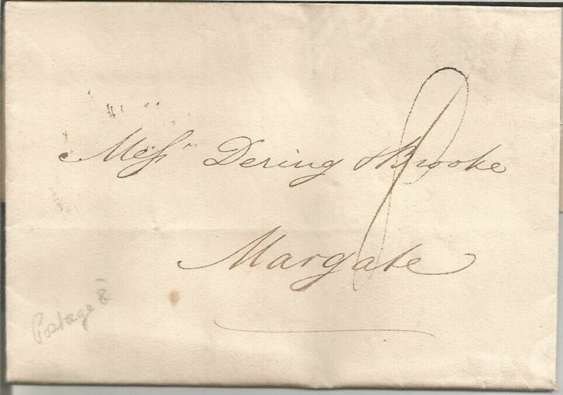 GB 1834 PRE-STAMP ENTIRE TO MARGATE POSTAGE PAID ‘8’ DATED 06TH FEBRUARY 1834.