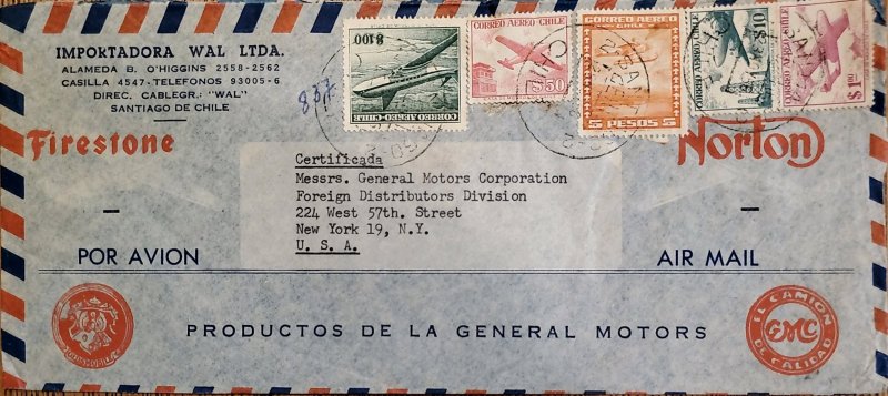 J) 1958 CHILE, AIRPLANE, PRODUCTS OF GENERAL MOTORS, MULTIPLE STAMPS, AIRMAIL, C