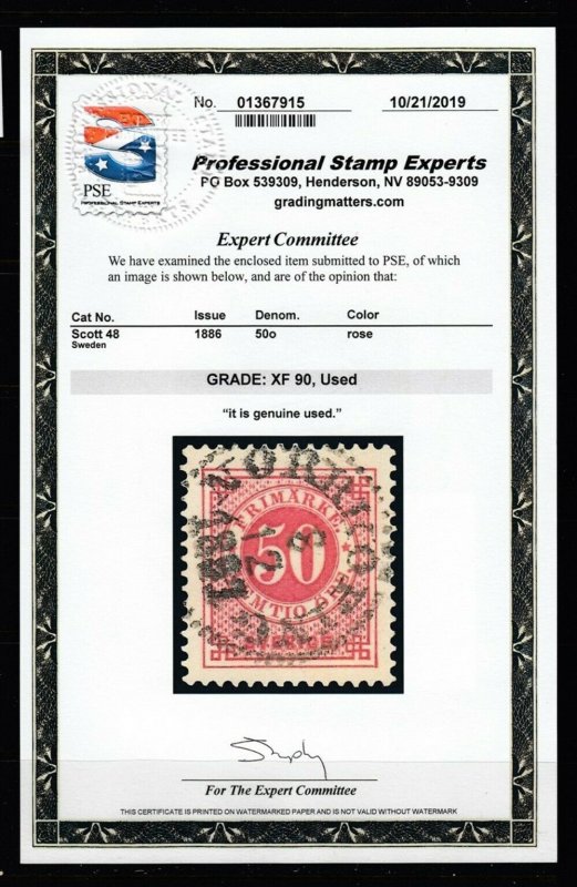 Norway #48 DEEP CARMINE Grade 90 (USED) PSE Certificate SUPER NICE