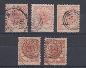 Denmark Sc 13 used 1864 4s Royal Emblems, 5 diff distinct colors/shades