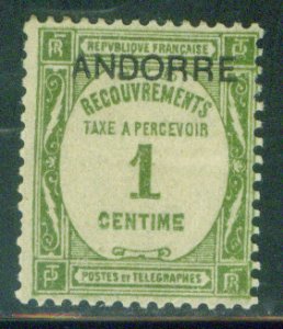 French Andorre Scott J9 MH* stamp  CV $1.40