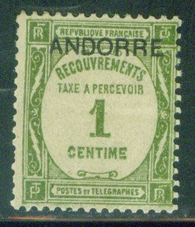 French Andorre Scott J9 MH* stamp  CV $1.40