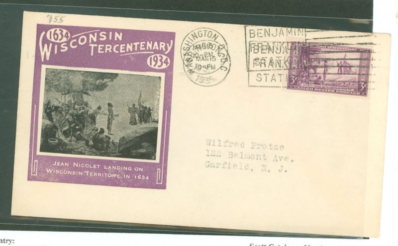 US 755 1935 3c Wisconsin Tercentenary (single) on the Farley imperf Special Printing on an addressed FDC with an Ioor cachet