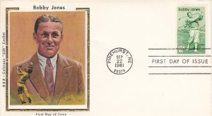 USA 1981 FDC Sc 1933 18c Bobby Jones, golfer R & R Colorano Silk Cachet