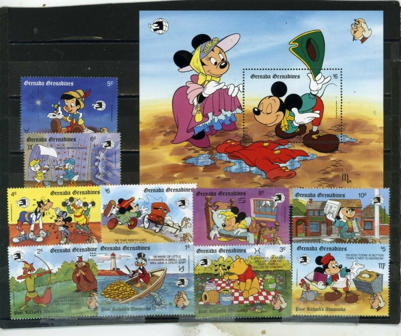 GRENADA & GRENADINES 1989 DISNEY POOR RICHARD'S ALMANACKS 10 STAMPS & S/S MNH 