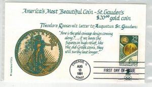 1991 FDC HEARTLAND CACHET 2558 NUMISMATICS COINS & TEDDY ROOSEVELT QUOTE
