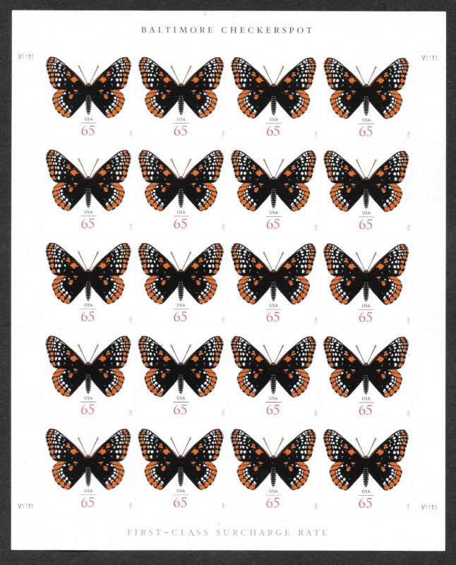 4603  65c. Baltimore Checkerspot Butterfly,  Full Sheet,  Free Insured Shipping,