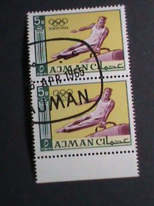 ​AJMAN-1965 SC#36   OLYMPIC GAMES-TOKYO- GYMNAST ON VAULTING HORSE CTO BLOCK