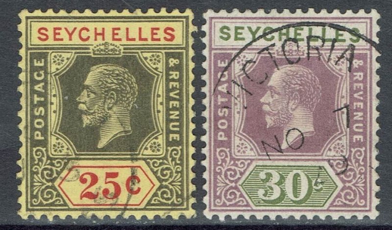 SEYCHELLES 1921 KGV 25C AND 30C WMK MULTI SCRIPT CA USED