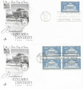 1954 FDC, #1029, 3c Columbia University, Art Craft, single/block of 4