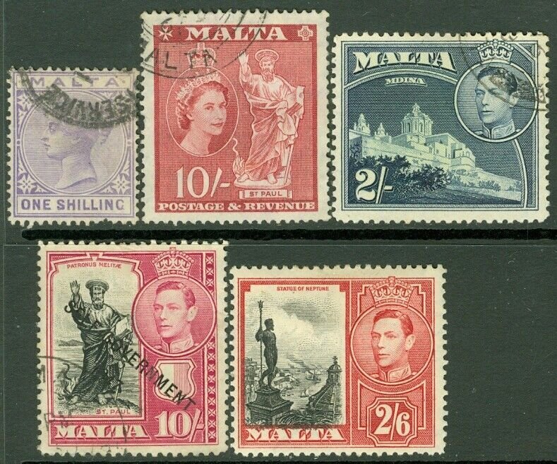 EDW1949SELL : MALTA VF collection of 4 Used & 1 Mint Better values. Catalog $69.