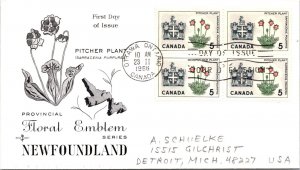 Canada 1966 FDC Floral Emblem, Pitcher Plant - Ottawa, Ont - Blk Of 4 - F76724