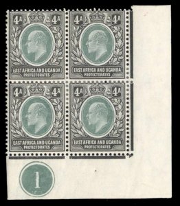 East Africa and Uganda #22 Cat$37+, 1904 4a black and gray green, plate block...