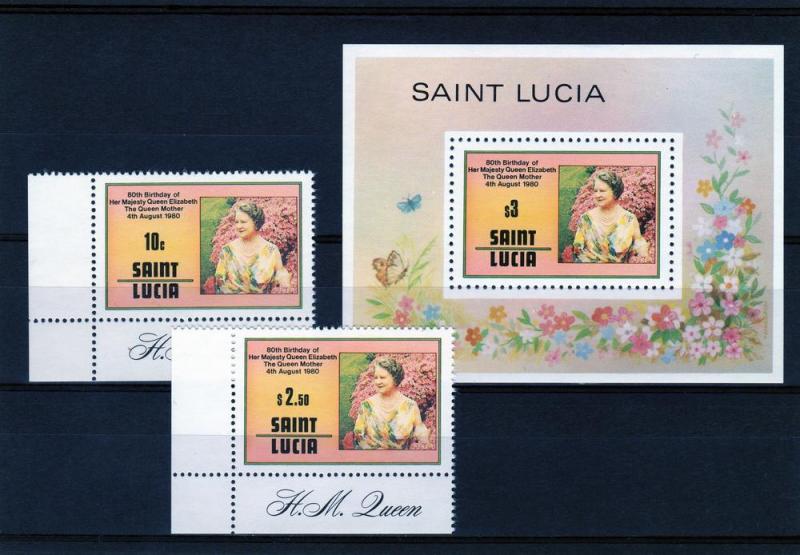 St.Lucia 1980 Q.Mother/Butterflies/Flowers Set(2)+SS Sc501/3