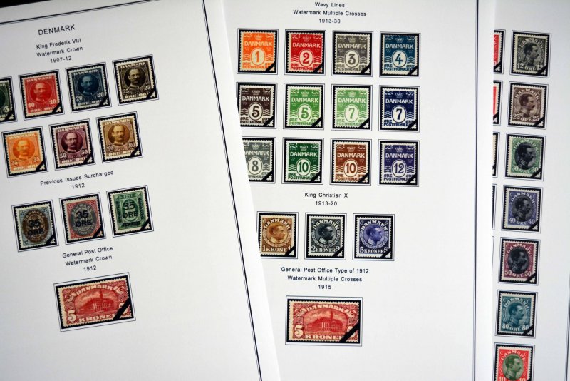 COLOR PRINTED DENMARK [CLASS] 1851-1955 STAMP ALBUM PAGES (27 illustrated pages)