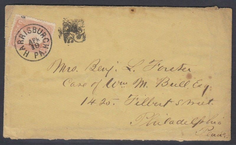 US Sc 65 with Harrisburgh Pa. FANCY square ornament cancel on cover, w/ PF cert