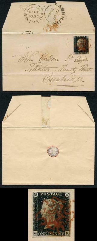 Penny Black (GK) Plate 1b TWISTED re-entry Four Margins on cover from Royston
