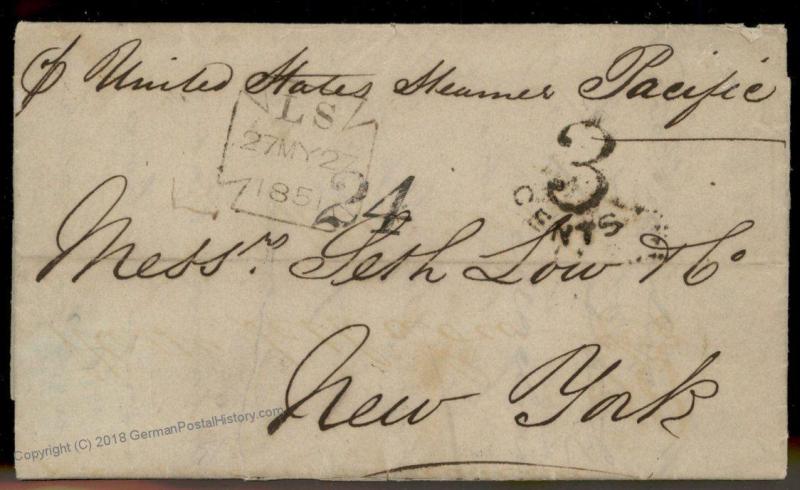 England Britain 1851 New York USA Transatlantic SS Pacific Stampless Cover 77675