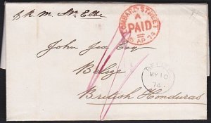 GB TO BR HONDURAS 1874 folded cover ex London with fine BELIZE arrival.....A6270