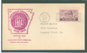 US 782 1936 3c arkansas centennial single on an addressed, typed first day cover with a centennial commission cachet