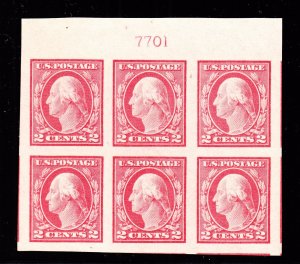 US 482 2c Washington Mint Top Plate Block of 6 #7701 XF OG NH SCV $45