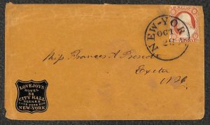 USA 11 STAMP NEW YORK - NH LOVEJOY'S HOTEL ADVERTISING CAMEO COVER 1850s FF