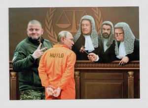 2023 war in Ukraine card Putin at the International Hague Tribunal. Caricature