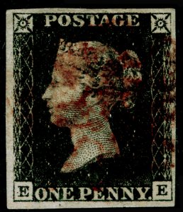 SG2, 1d black PLATE 4, FINE USED. BROWN MX. 4 MARGINS. EE