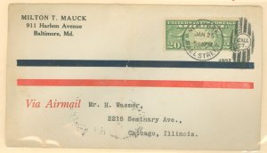 US C9 1927 Airmail First Day Cover - New York - Wall Street postmark & NYC Jan 25 & Chicago, Ill Jan 26 backstamps